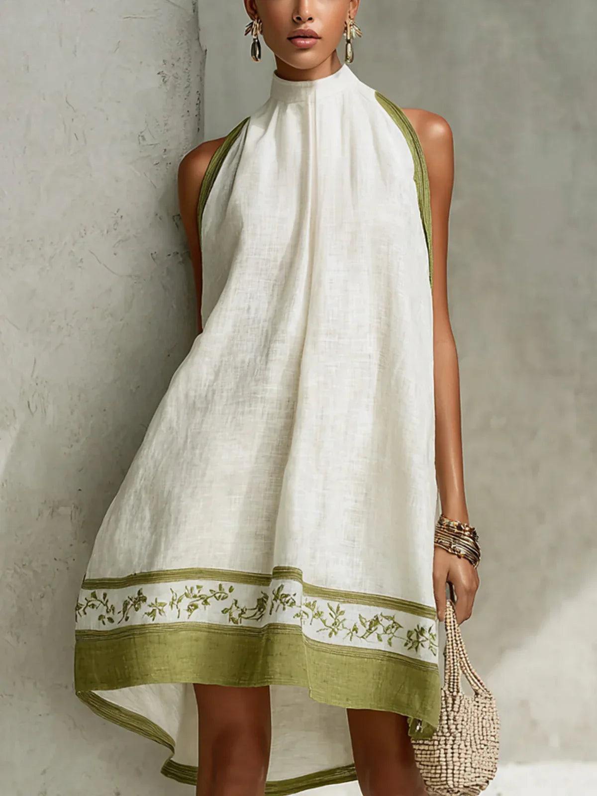 Ofelia Mini A-Line Dress in White and Olive Green with Floral Print, Sleeveless