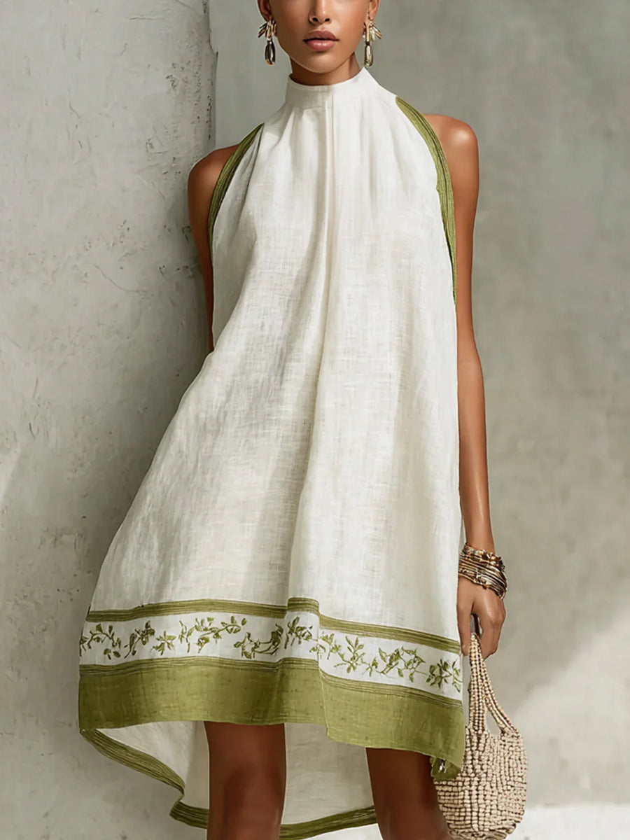 Ofelia Mini A-Line Dress in White and Olive Green with Floral Print, Sleeveless