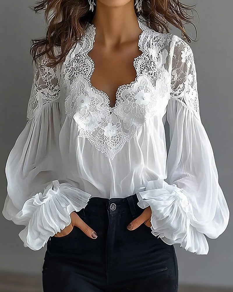 Tess - Long-Sleeve Lace Blouse with V-Neck