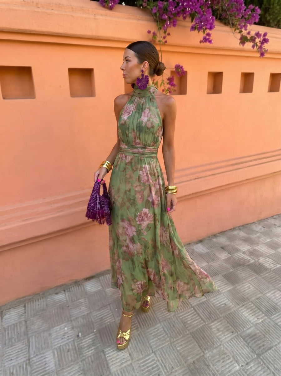 Florencia™ | Tummy Flattering Long Floral Dress with Low Neckline