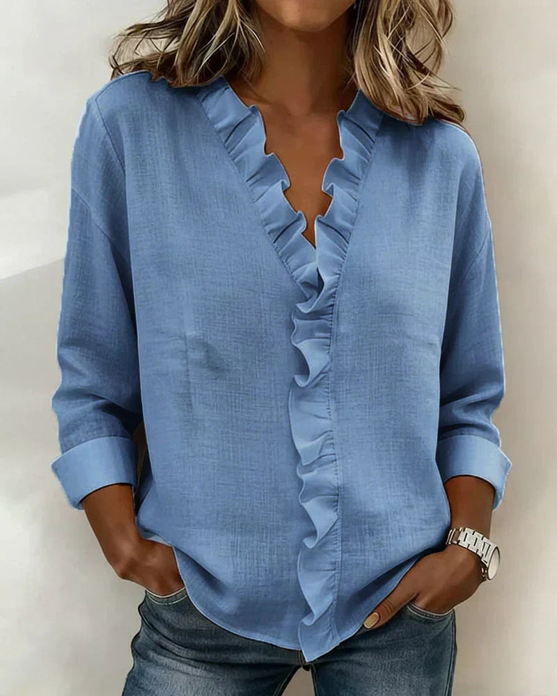 Mira | Blouse with Ruffles, V-Neck and Long Sleeves