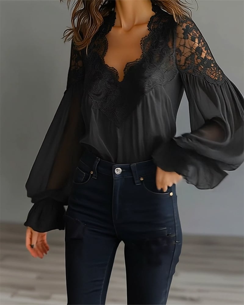 Tess - Long-Sleeve Lace Blouse with V-Neck