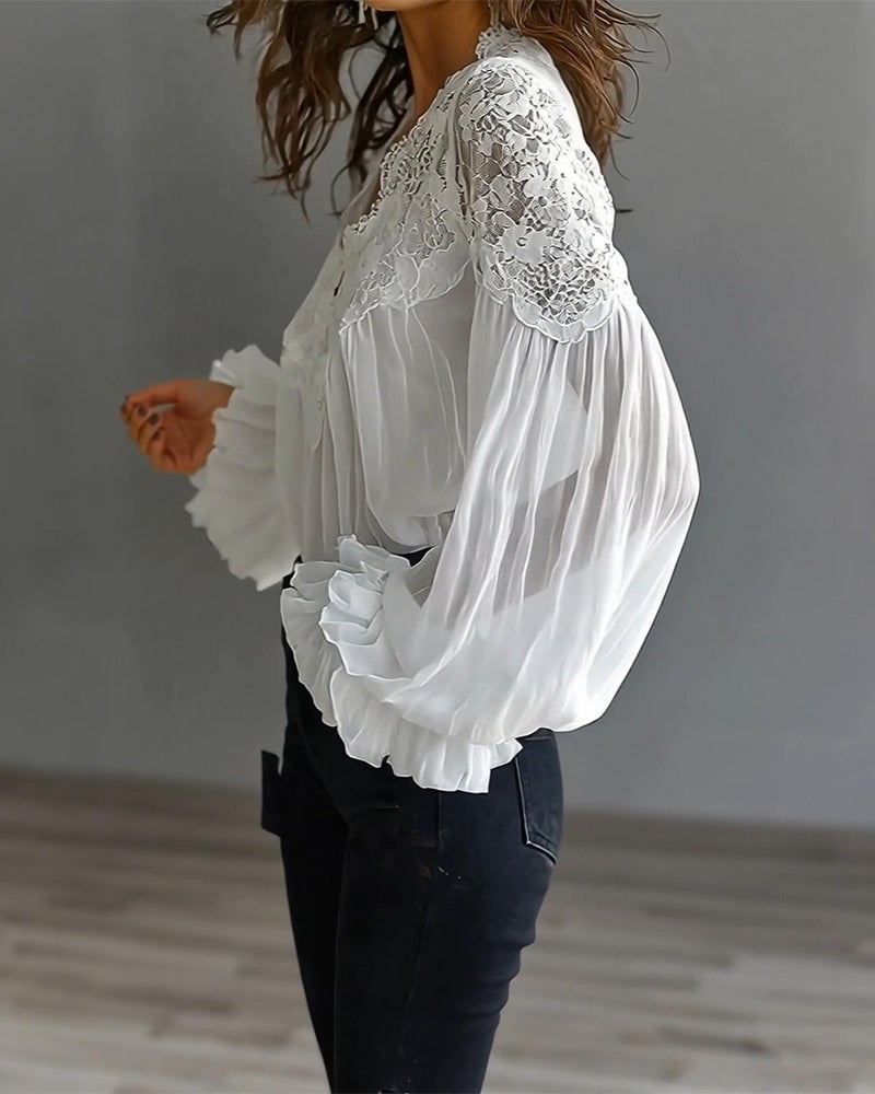 Tess - Long-Sleeve Lace Blouse with V-Neck