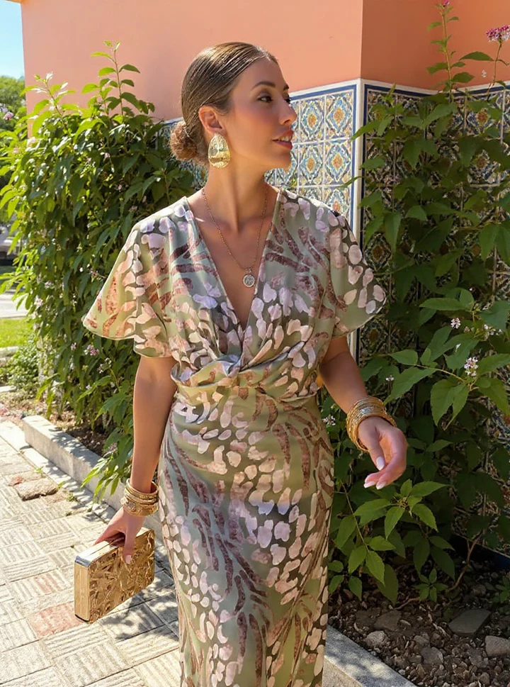 Higinia™ | Tummy Flattering Midi Dress Printed in Copper Tones