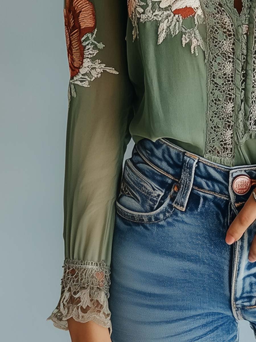 Gilda - Bohemian Floral Blouse with Lace