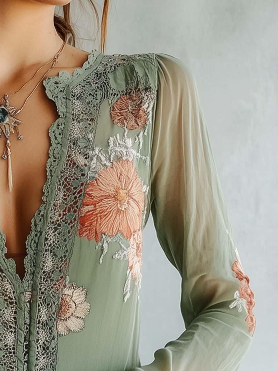 Gilda - Bohemian Floral Blouse with Lace