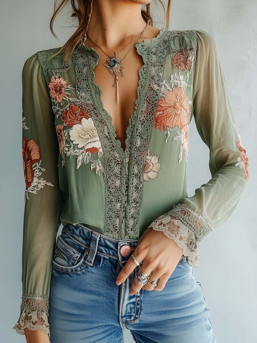 Gilda - Bohemian Floral Blouse with Lace
