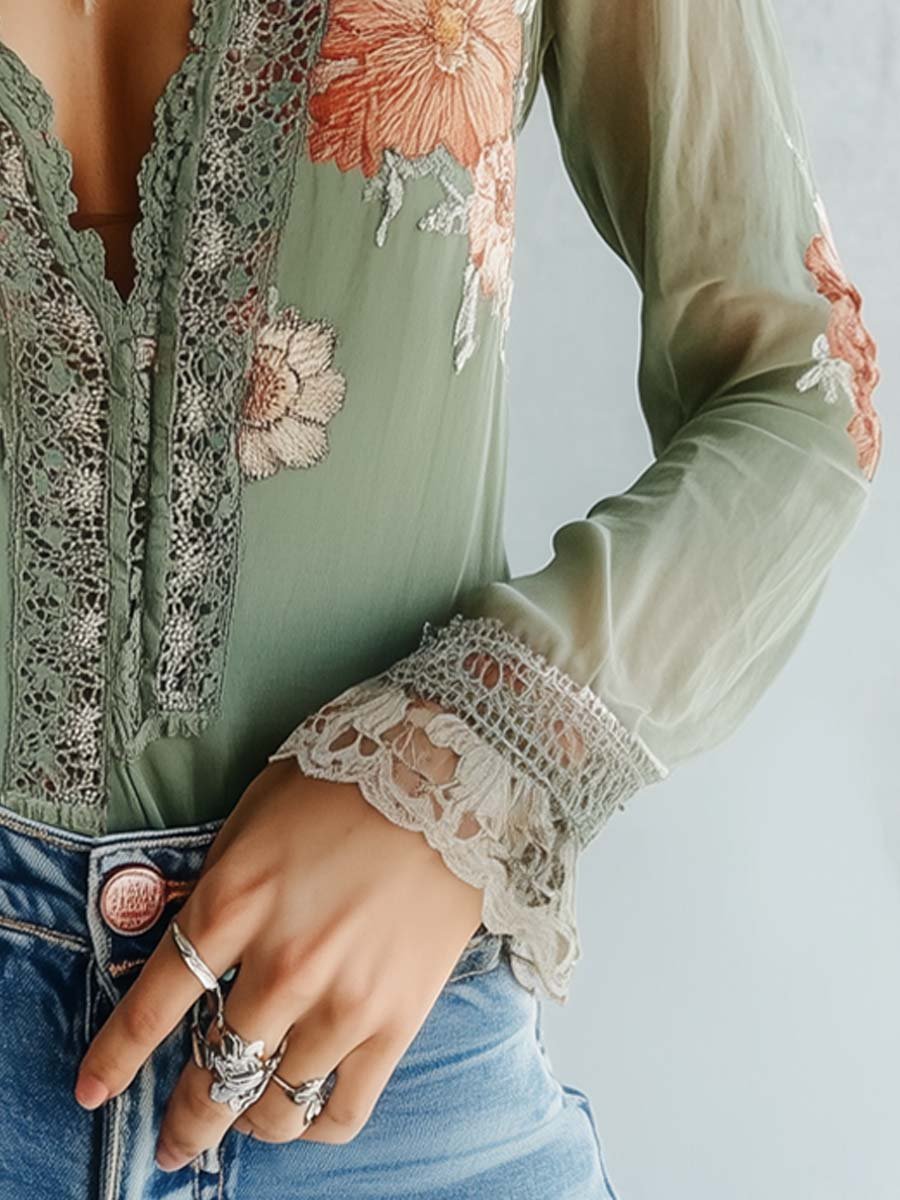 Gilda - Bohemian Floral Blouse with Lace