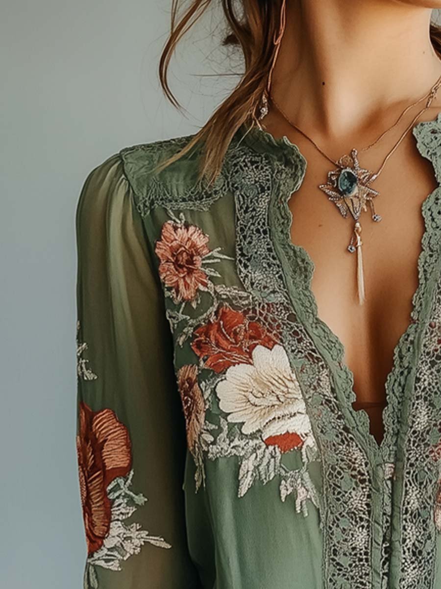 Gilda - Bohemian Floral Blouse with Lace