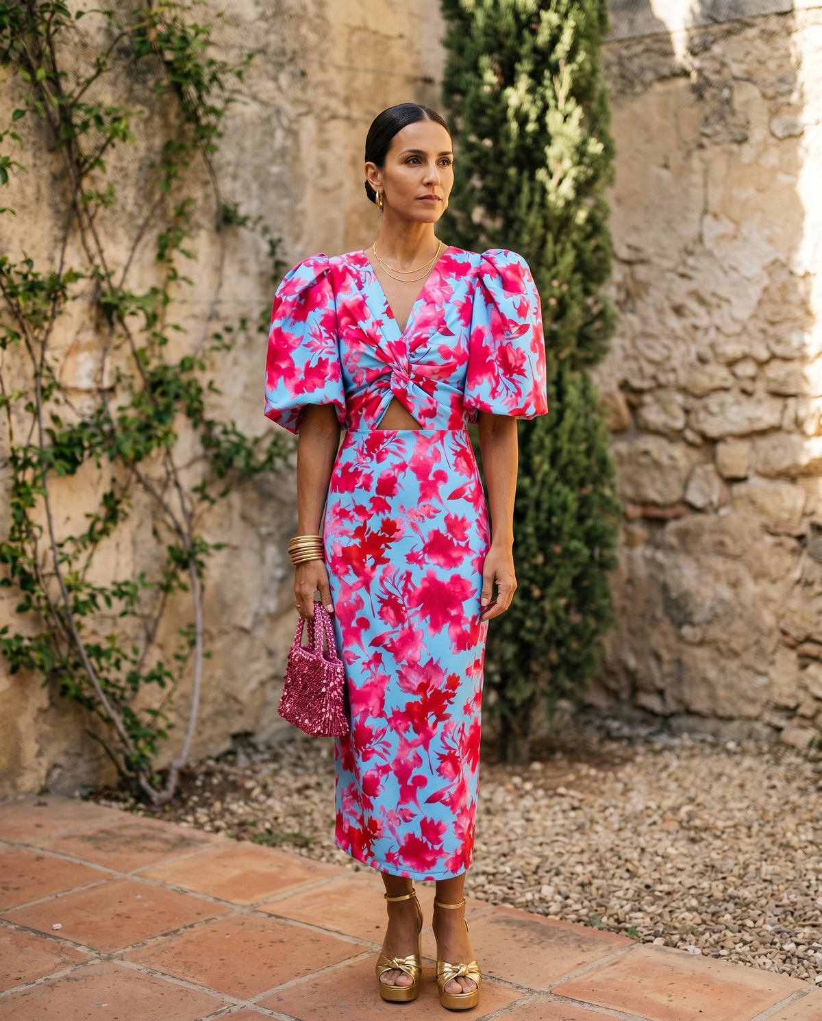 Carla™ | Tummy Flattering Floral Midi Dress with Puff Sleeves