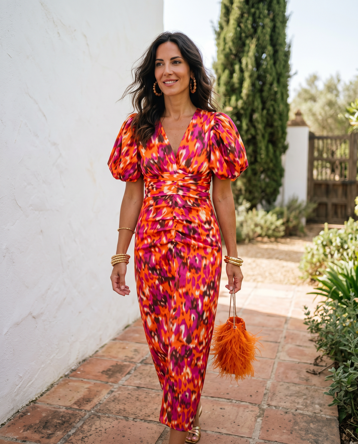 Carla™ | Tummy Flattering Floral Midi Dress with Puff Sleeves