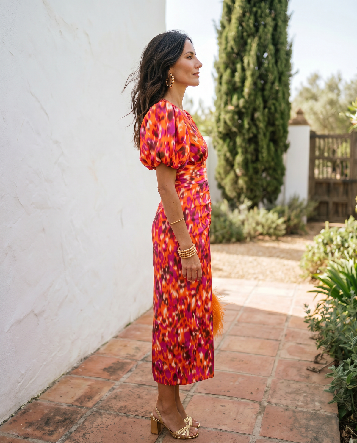 Carla™ | Tummy Flattering Floral Midi Dress with Puff Sleeves