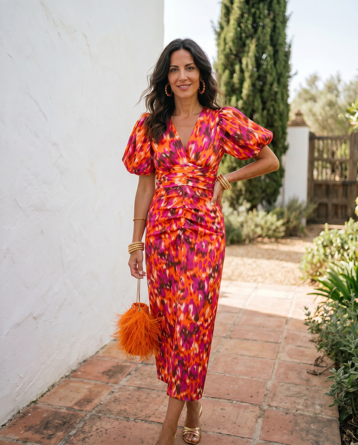 Carla™ | Tummy Flattering Floral Midi Dress with Puff Sleeves
