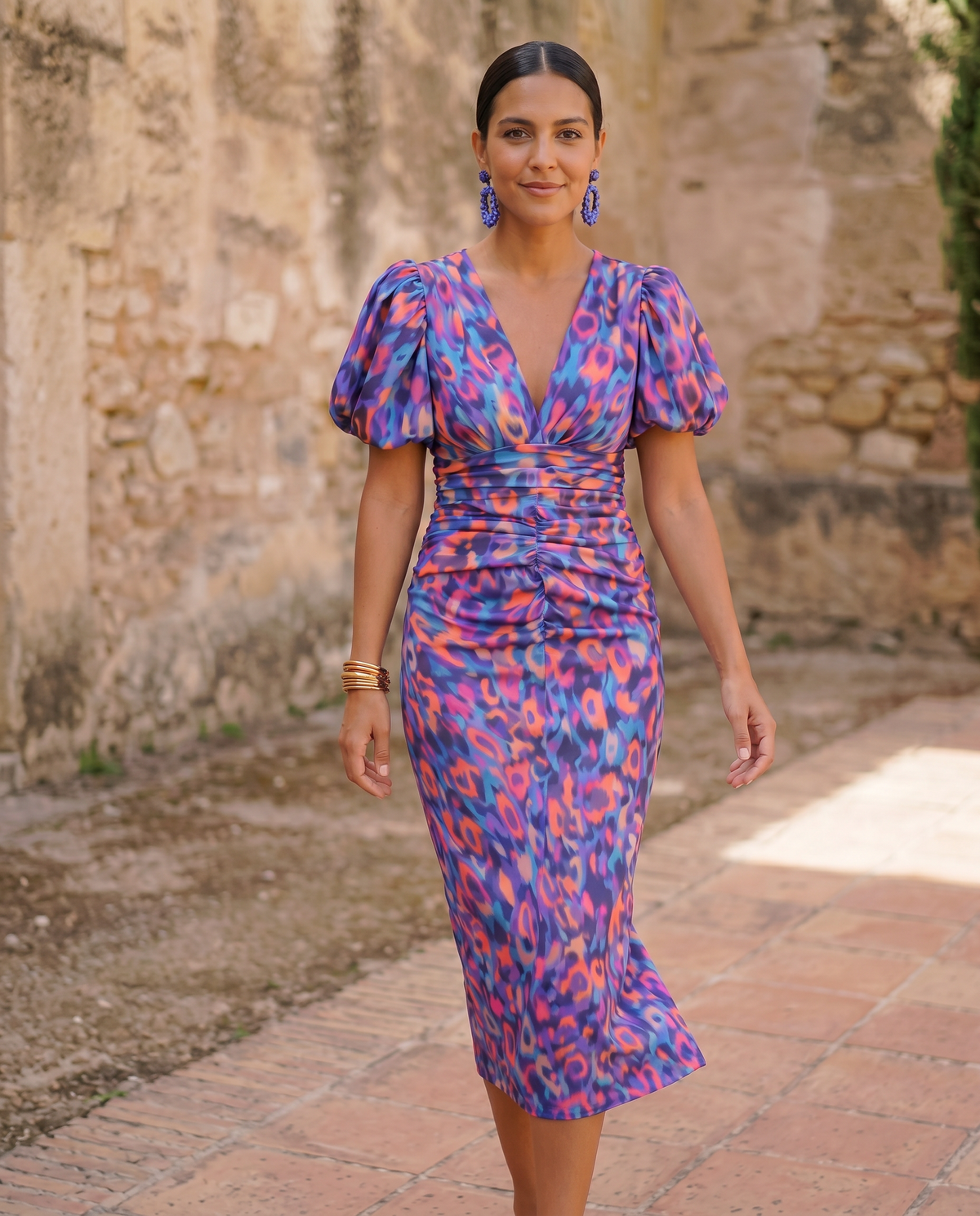 Carla™ | Tummy Flattering Floral Midi Dress with Puff Sleeves