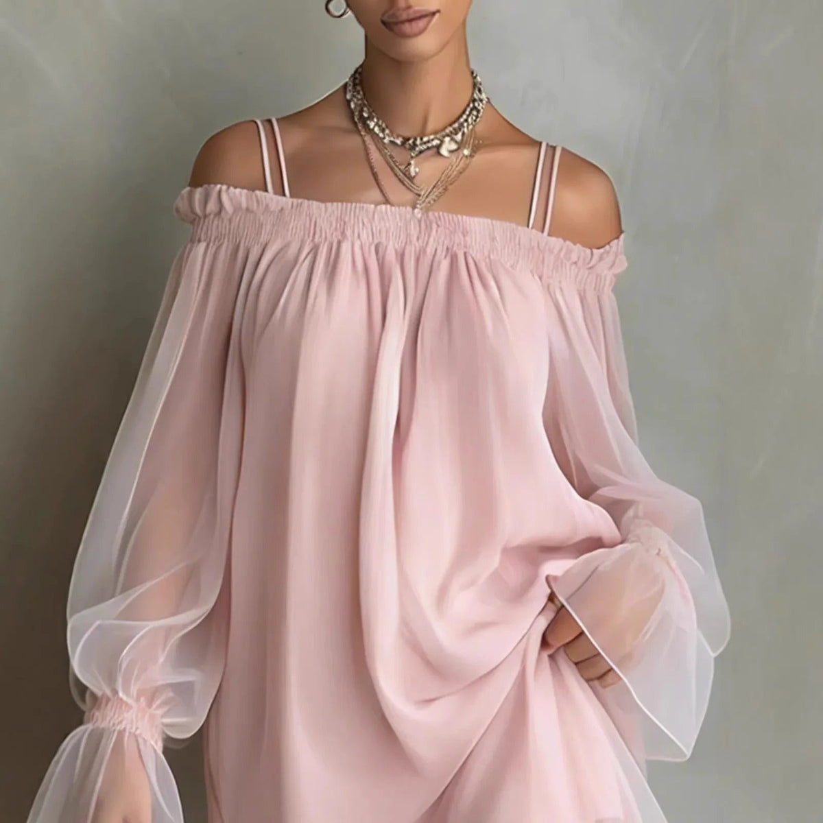 Elisa Mini Tulle Dress with Off-Shoulder and Long Sleeves