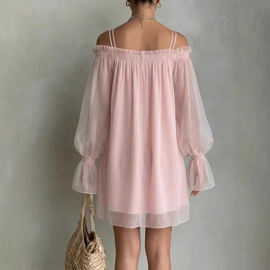 Elisa Mini Tulle Dress with Off-Shoulder and Long Sleeves