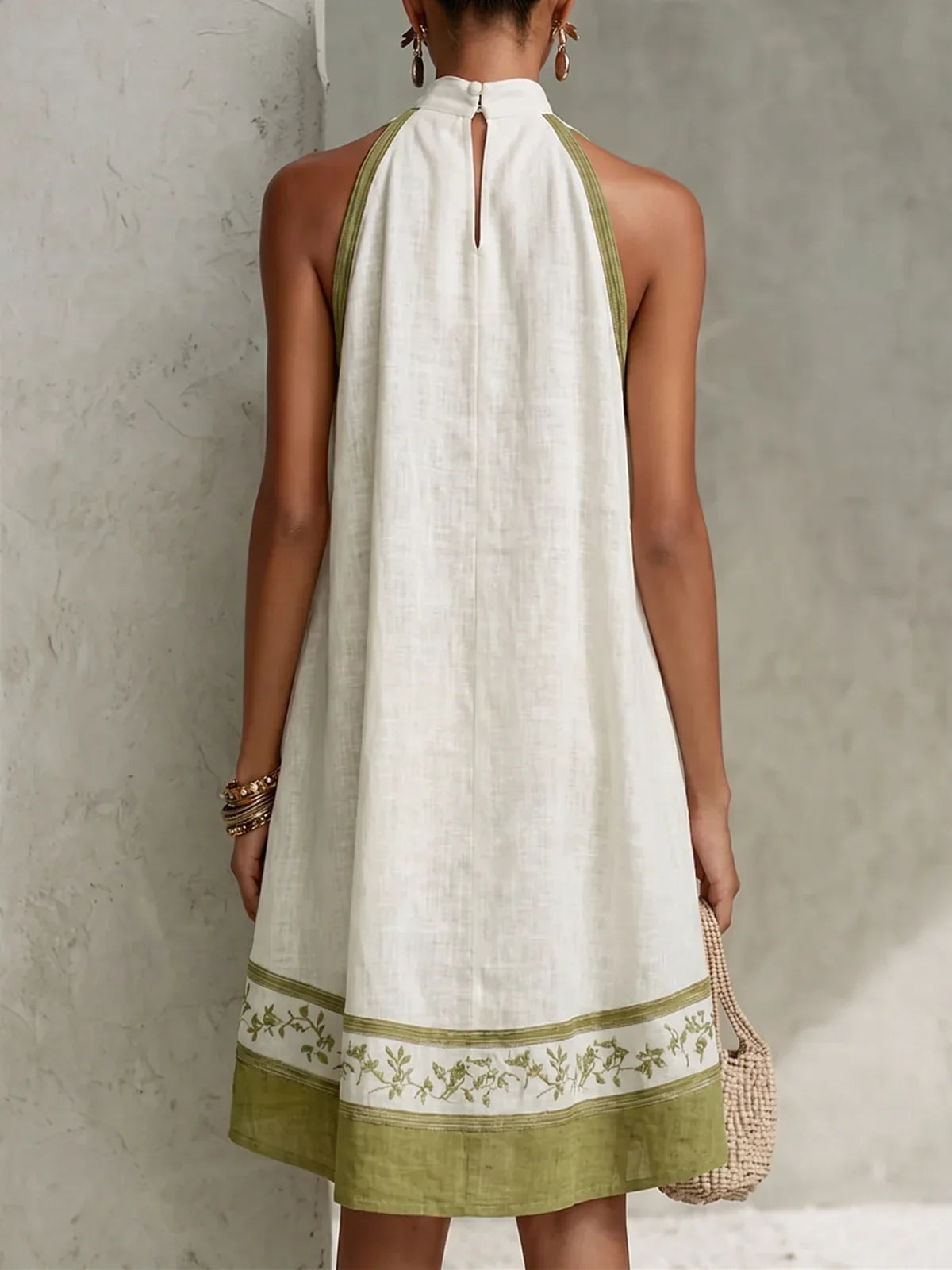 Ofelia Mini A-Line Dress in White and Olive Green with Floral Print, Sleeveless